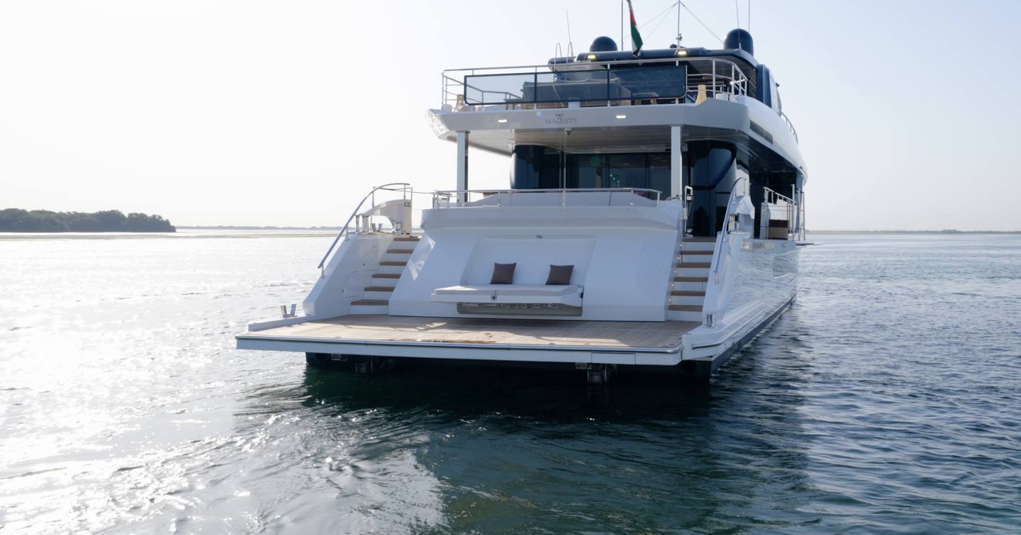Hydraulic bathing platform on the Gulf Craft Majesty 100 Terrace with twin staircases
