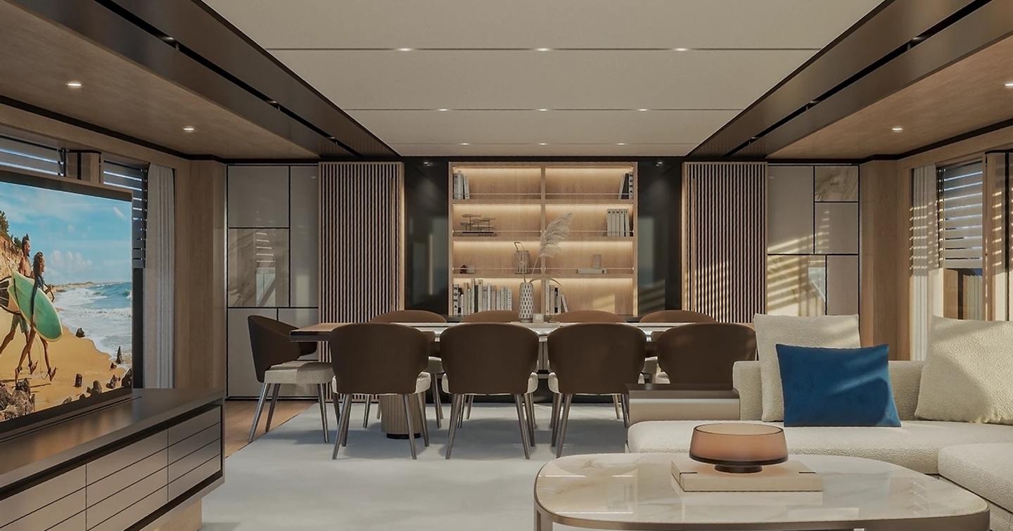 Rendering of Baglietto DOM155 Superyacht main saloon with forward dining area 