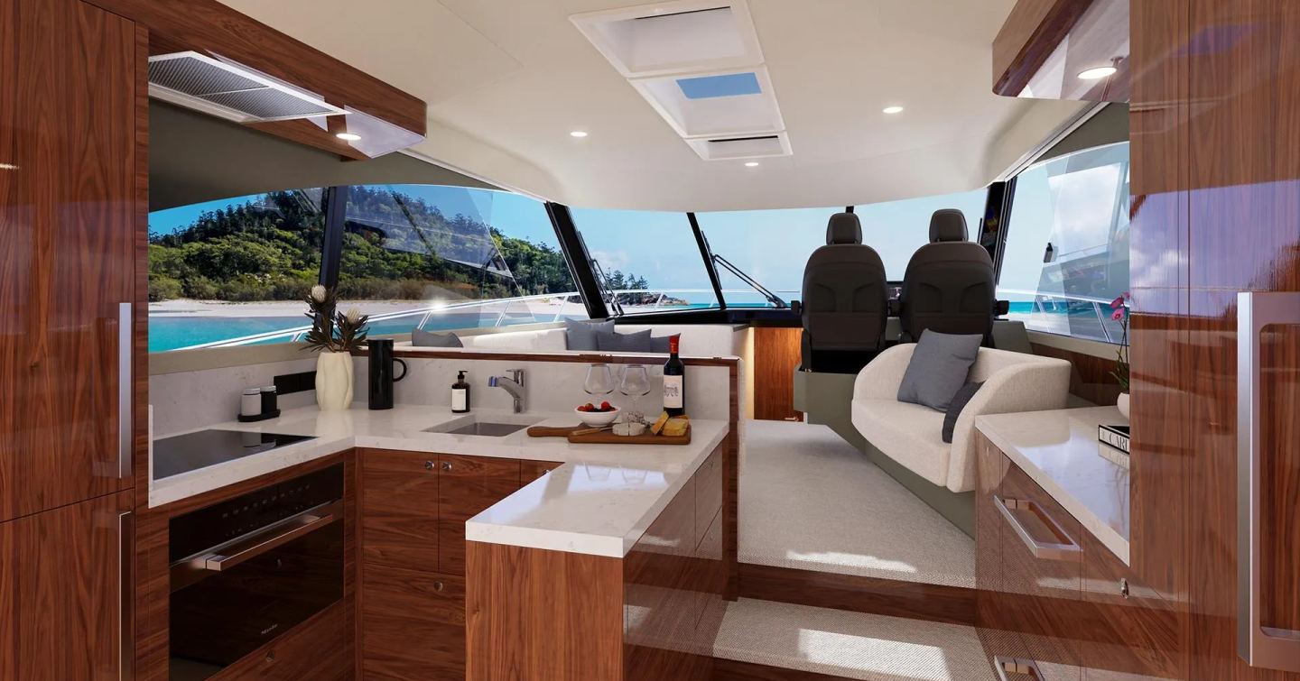 Rendering of Maritimo S50 motor yacht interior with aft galley 