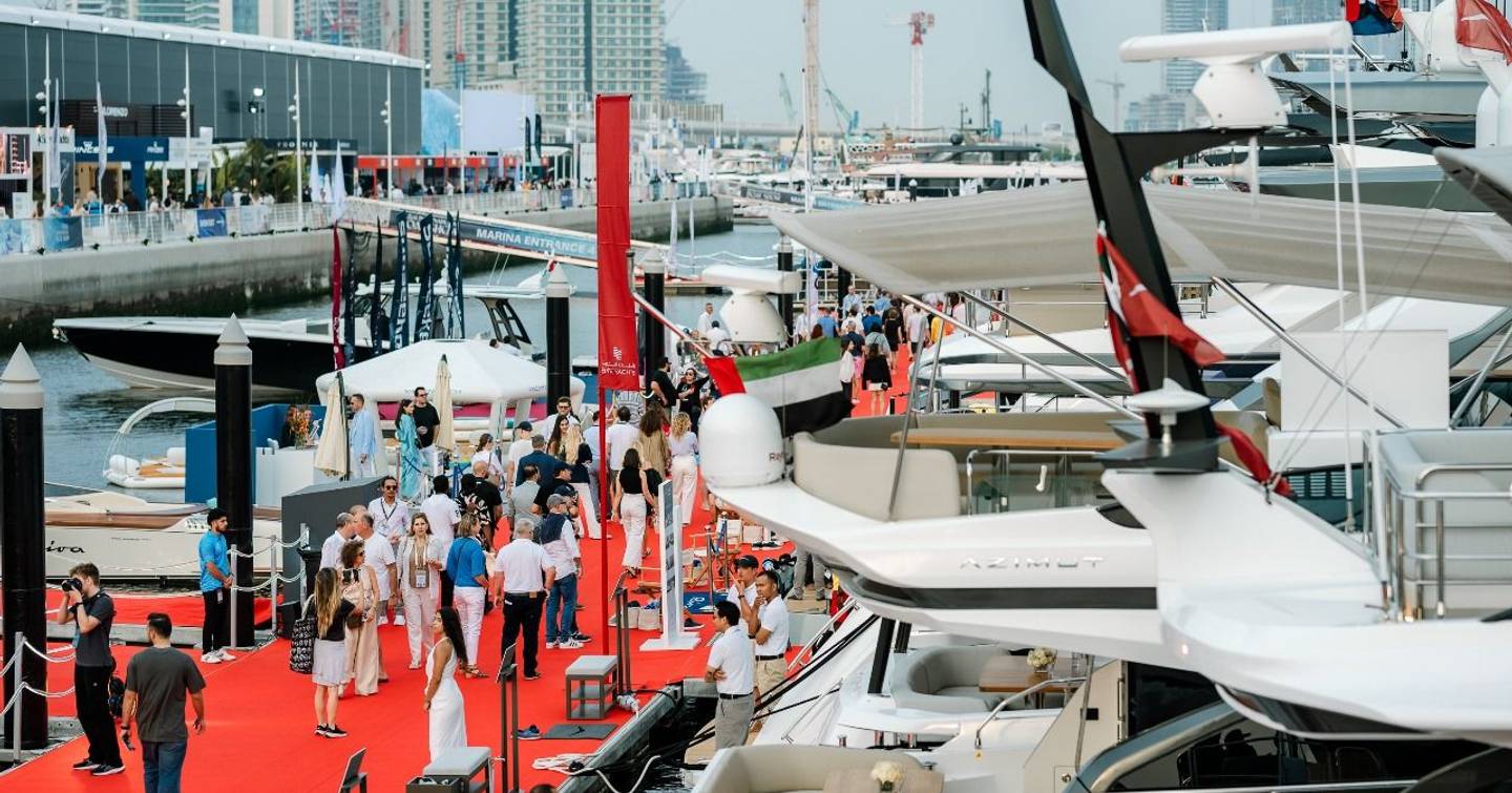 Dubai Harbour pontoons with motor yachts