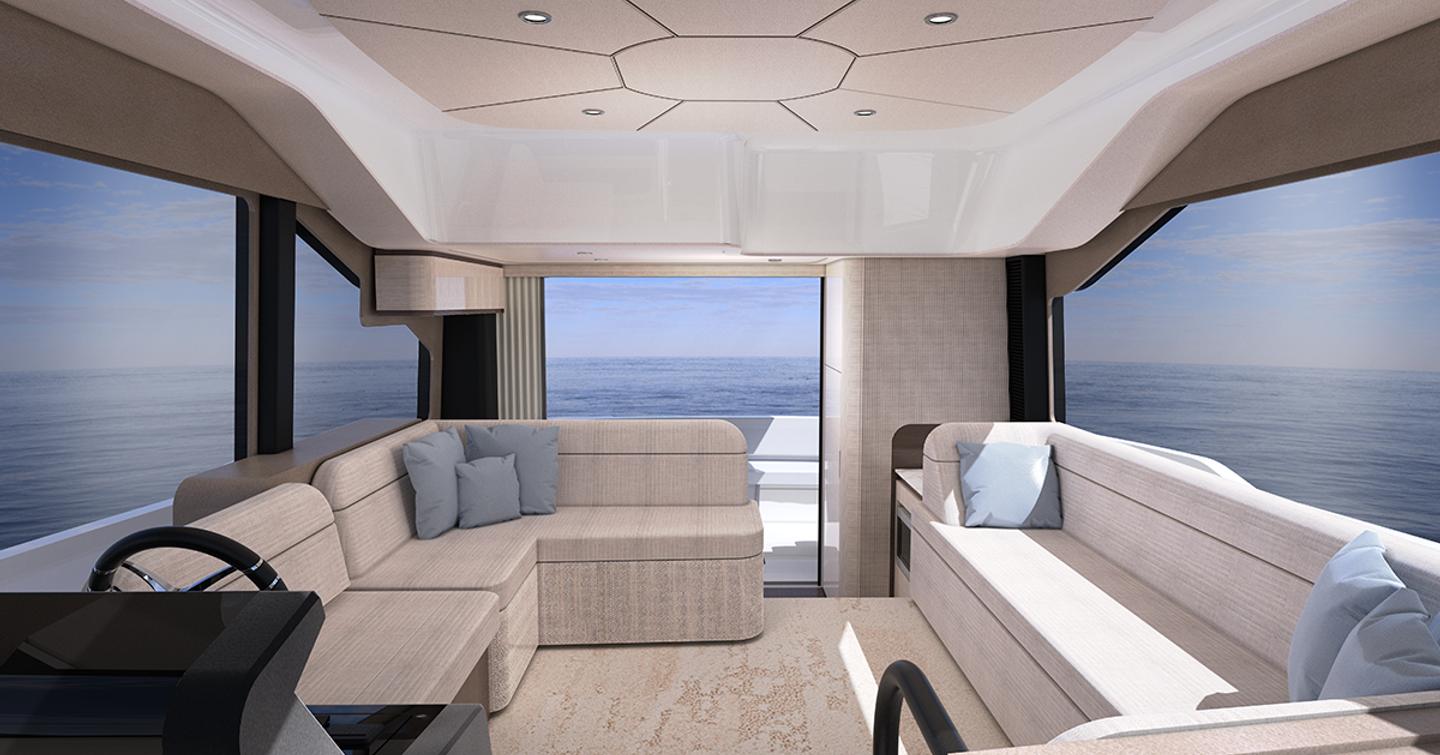 Rendering of Cruisers 50 FLY motor yacht interior with L-shaped seating and glass doors 