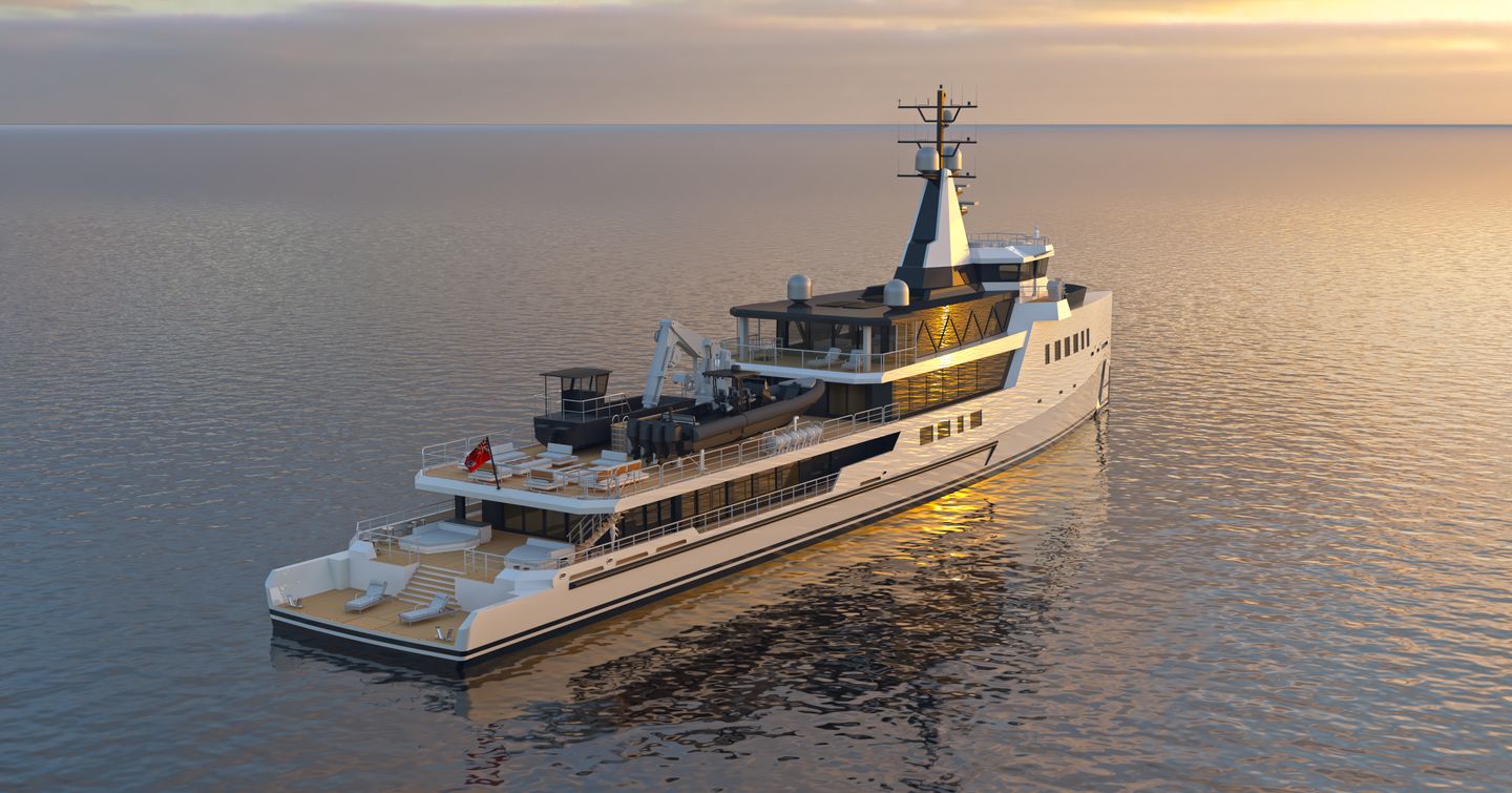 Rendering of Damen 75m Hybrid expedition yacht at anchor 