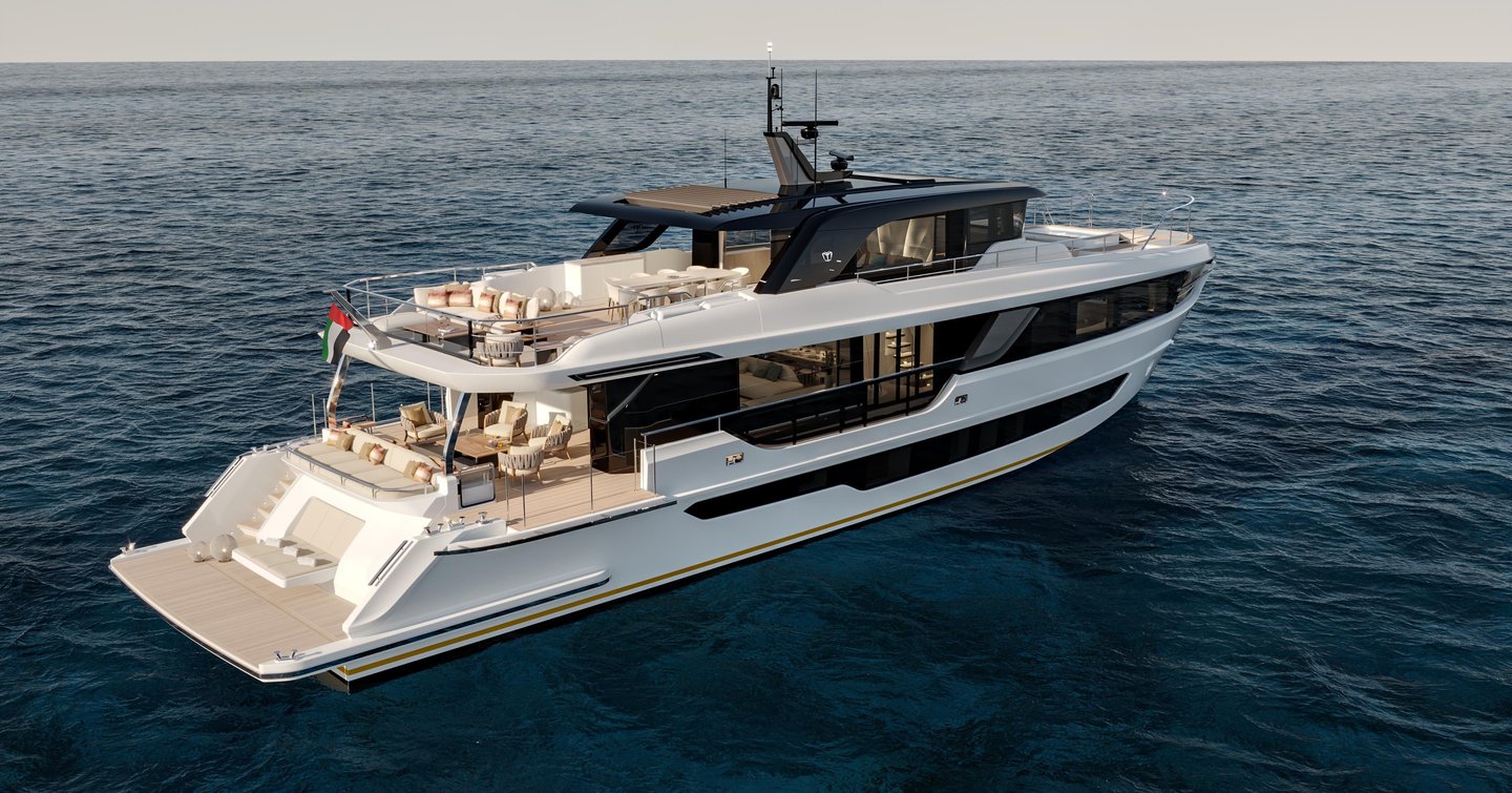Gulf Craft's Majesty 100 Terrace motor yacht at anchor