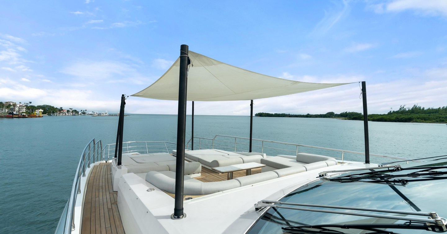 Superyacht Freedome foredeck with shaded sunpads