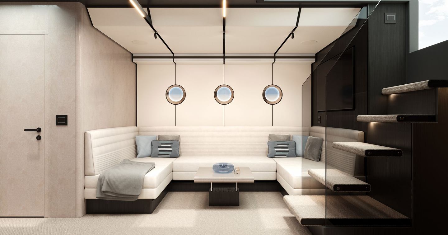 Rendering of VanDutch 75 motor yacht interior with U-shaped sofa in 'cool' theme