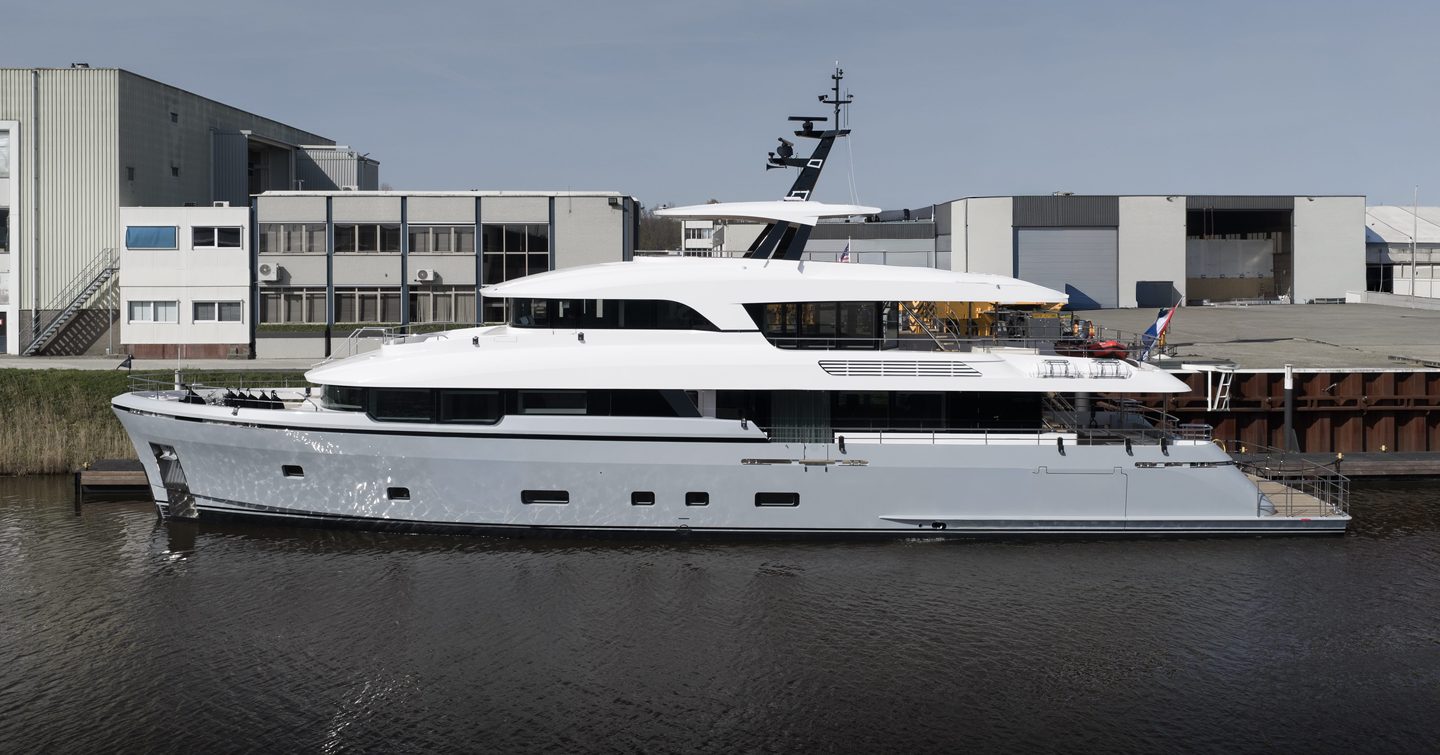 Eighth Moonen 122 Martinique motor yacht Lollipop outside shipyard at launch