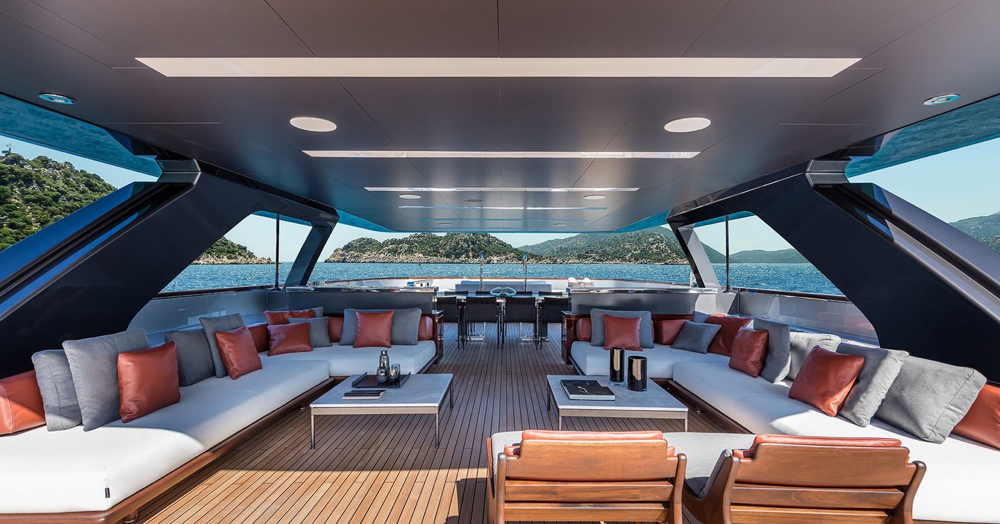 Riva 50Metri Superyacht sundeck with L-shaped shaded seating 