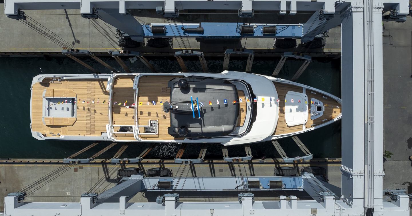 Aerial view of Superyacht Big Naan at launch