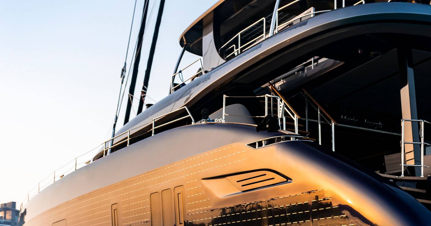 Close up of yacht's port side with solar skin