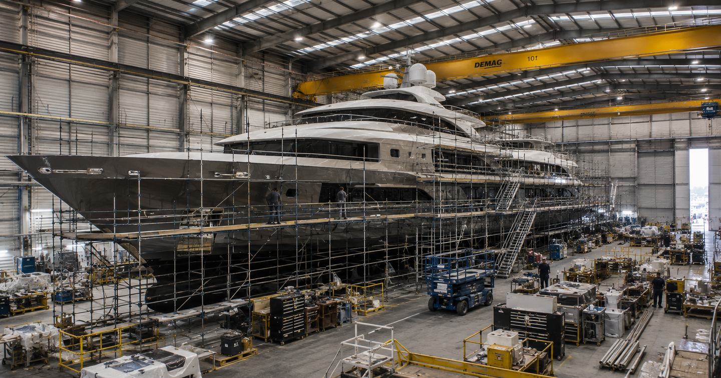 Luxury yacht in industrial yard being refitted 