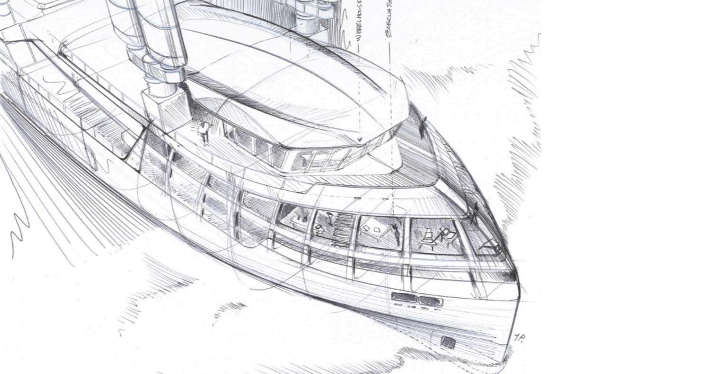 Sketch of expedition yacht Project MG bow with panoramic windows