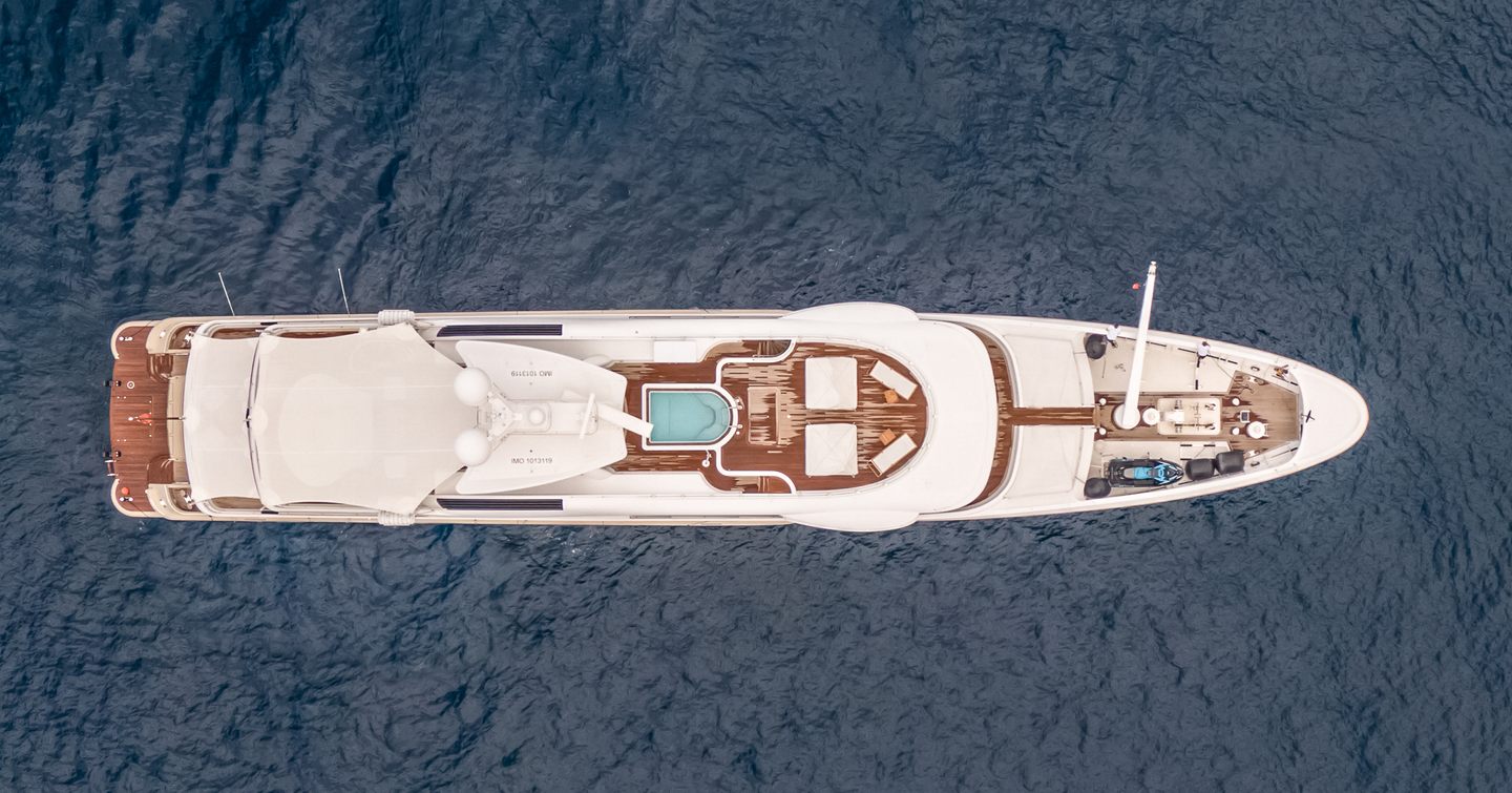 Amels superyacht Amigos at anchor aerial view 