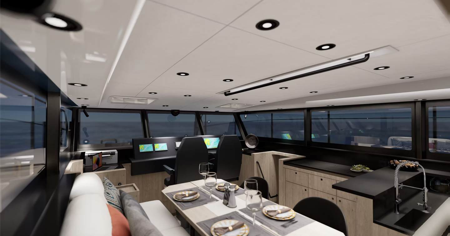 Rendering of Archipelago A40 Explorer Yacht salon with helm station and dining area