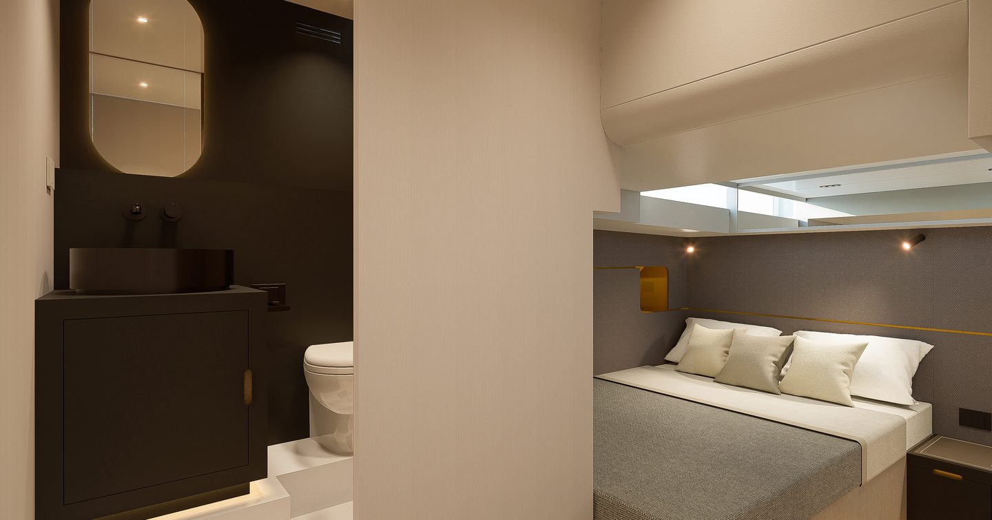 Rendering of Forte 47 boat VIP cabin