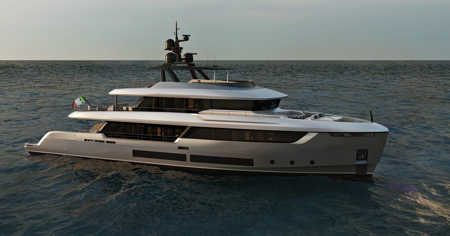 Rendering of Atlante Classic 36 motor yacht at anchor 
