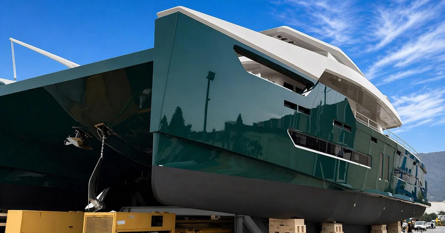 Sunpower-Alva 90 Solar Electric Catamaran Amantis 7 leaving shipyard