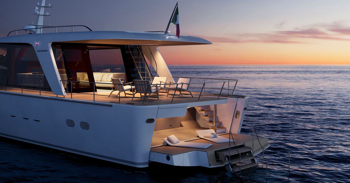 Rendering of Sanlorenzo SHE motor yacht stern at night with sun loungers