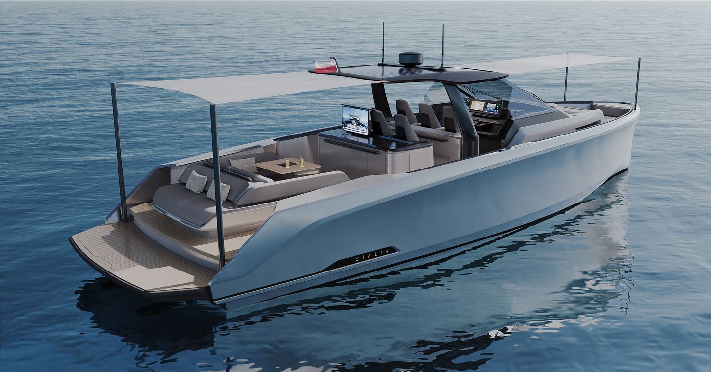 Rendering of Sialia 45 Sport boat at anchor with shaded seating under canopies 