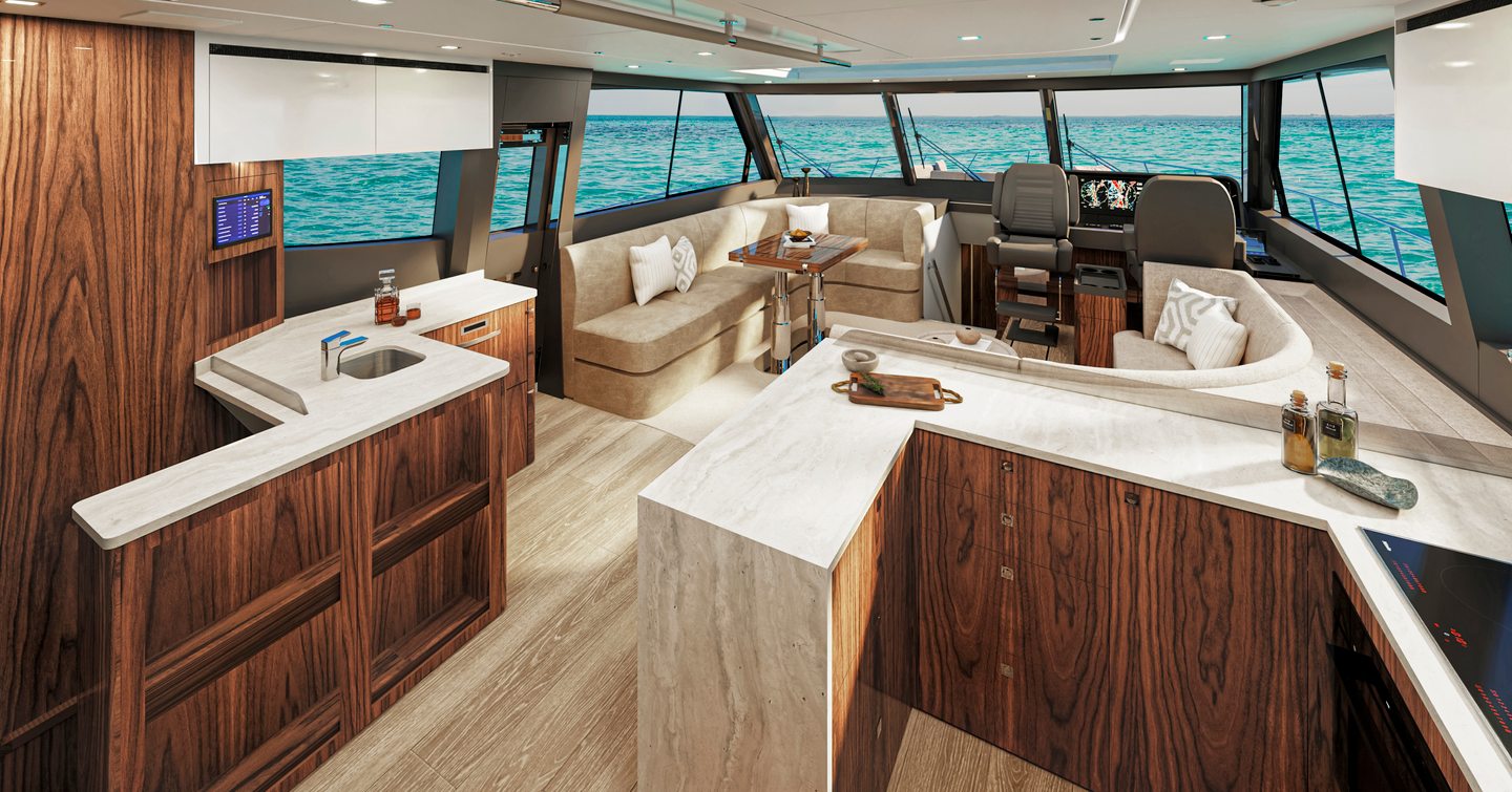 Rendering of Riviera 735 SUV motor yacht helm station with marbled furniture