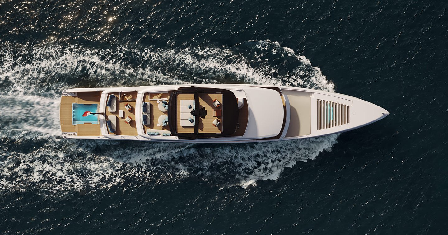 Aerial Rendering of Maiora M|53 superyacht under way