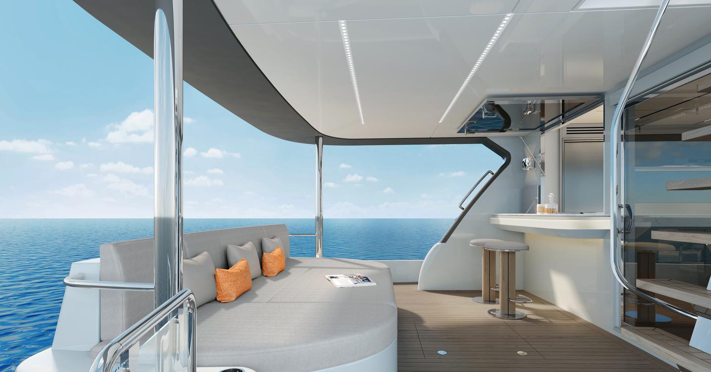 Rendering of CL Yachts CLB65 SUV motor yacht aft deck seating 