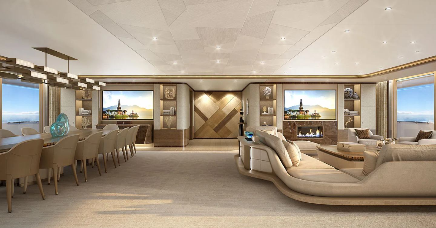 Rendering of Superyacht Project Tanzanite main saloon with curved seating and dining area