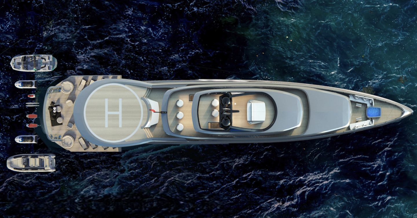 Aerial rendering of Mengi Yay Vitrus XP Explorer Yacht at anchor 