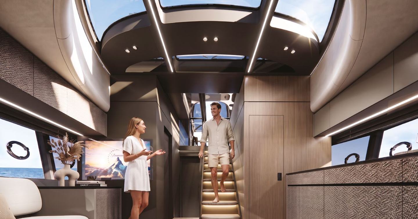 Rendering of man walking down stairs inside ICONA 70 motor yacht 