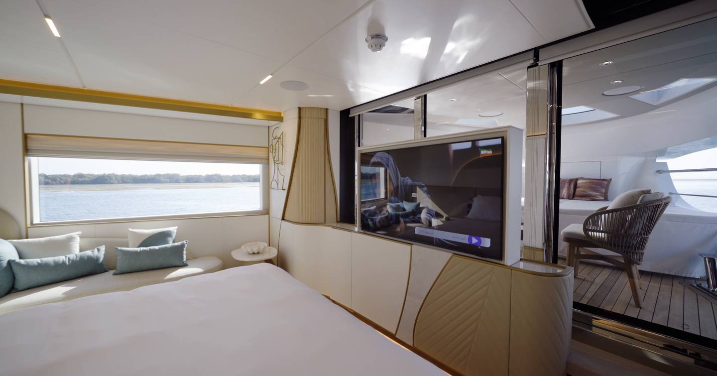 Owner's suite aboard the Gulf Craft Majesty 100 Terrace looking out to the private terrace