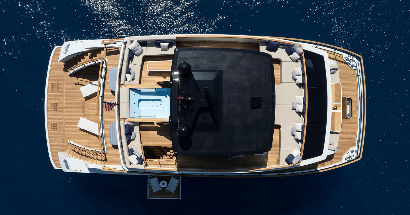 Lazzara LPC 300 catamaran at anchor aerial view 