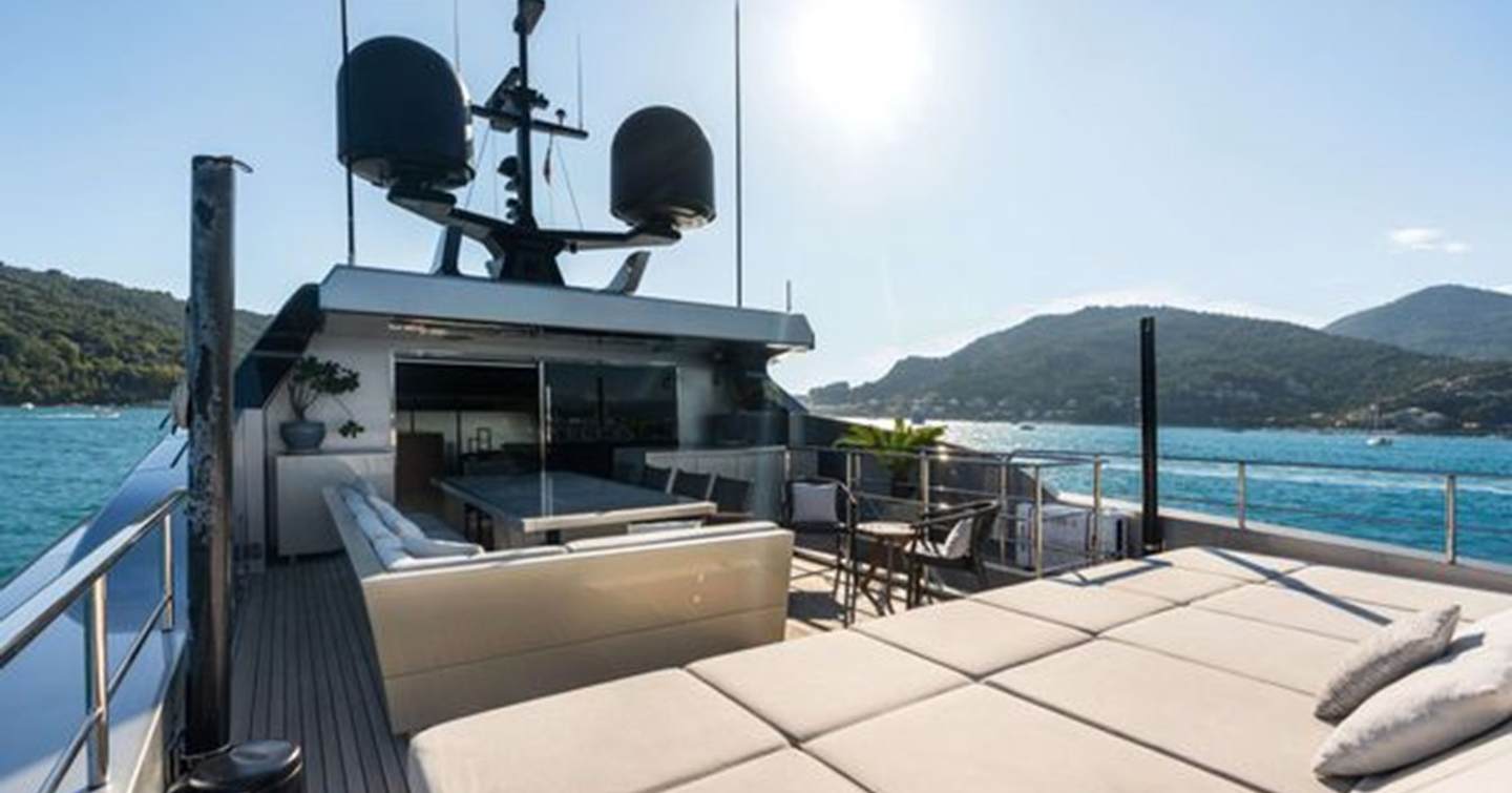 Superyacht Lady A for Sale upper deck sunpad and party area