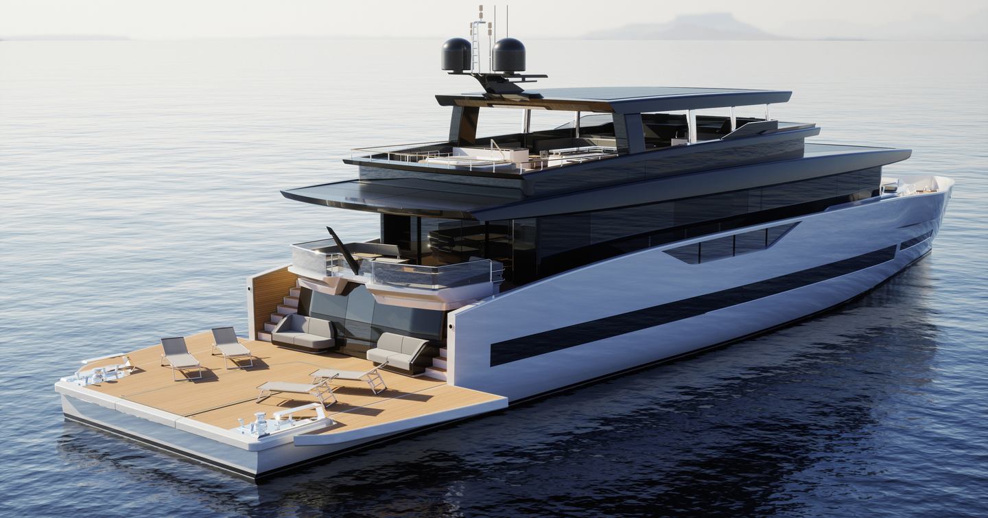GX Superyachts GX42 RPH yacht at anchor view of beach club 