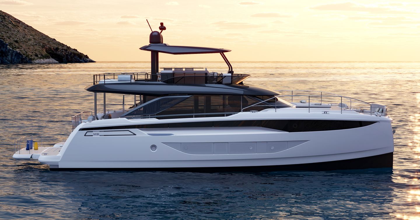 Prestige M8 Evo motor yacht at anchor side view 