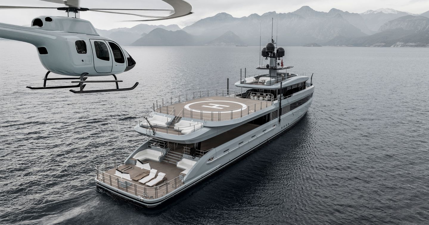 Superyacht Limerence on water with helicopter landing