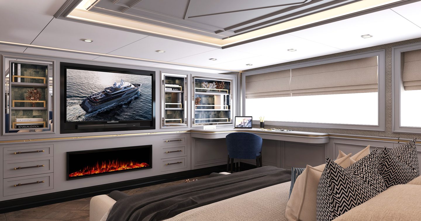 Rendering of interior of Bering 145, with bed facing large TV screen