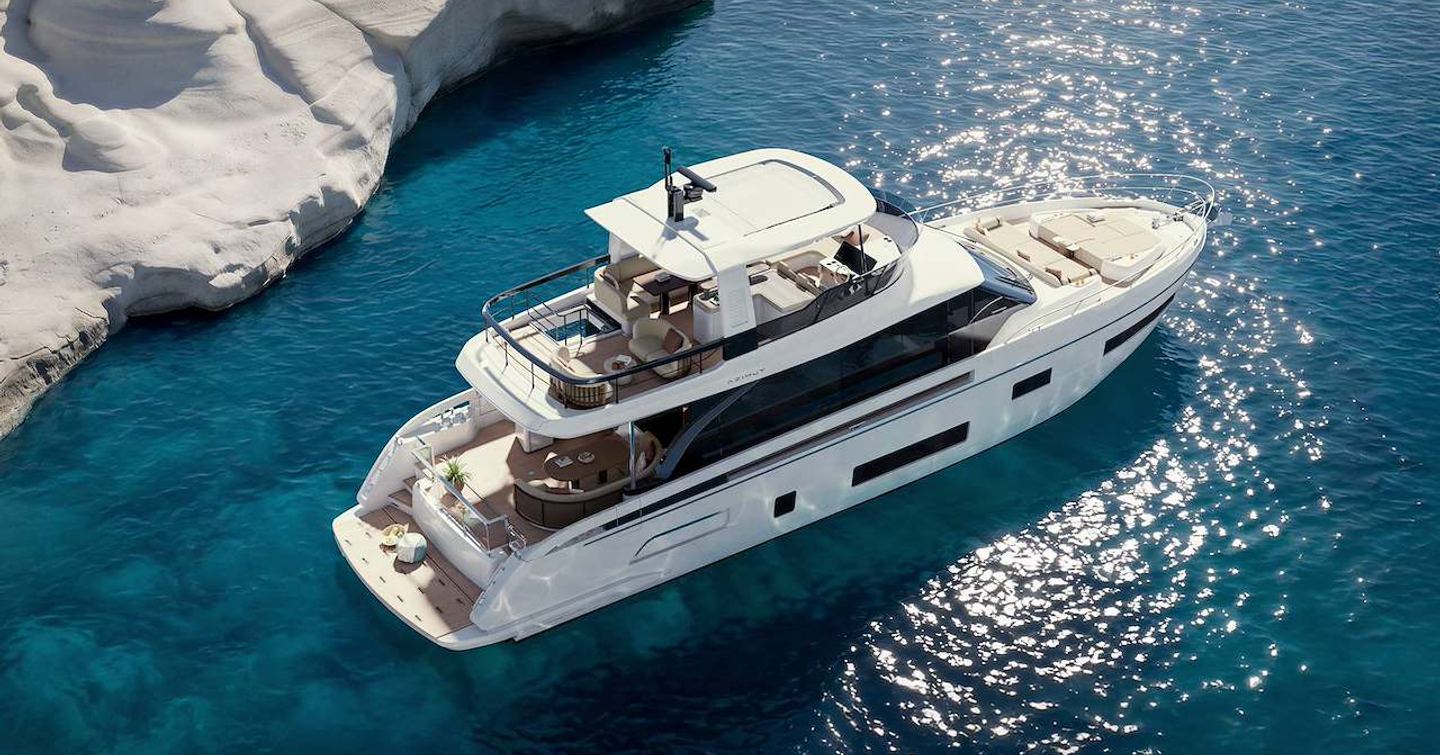 Aerial Rendering of Azimut Fly 70 Motor Yacht at anchor 