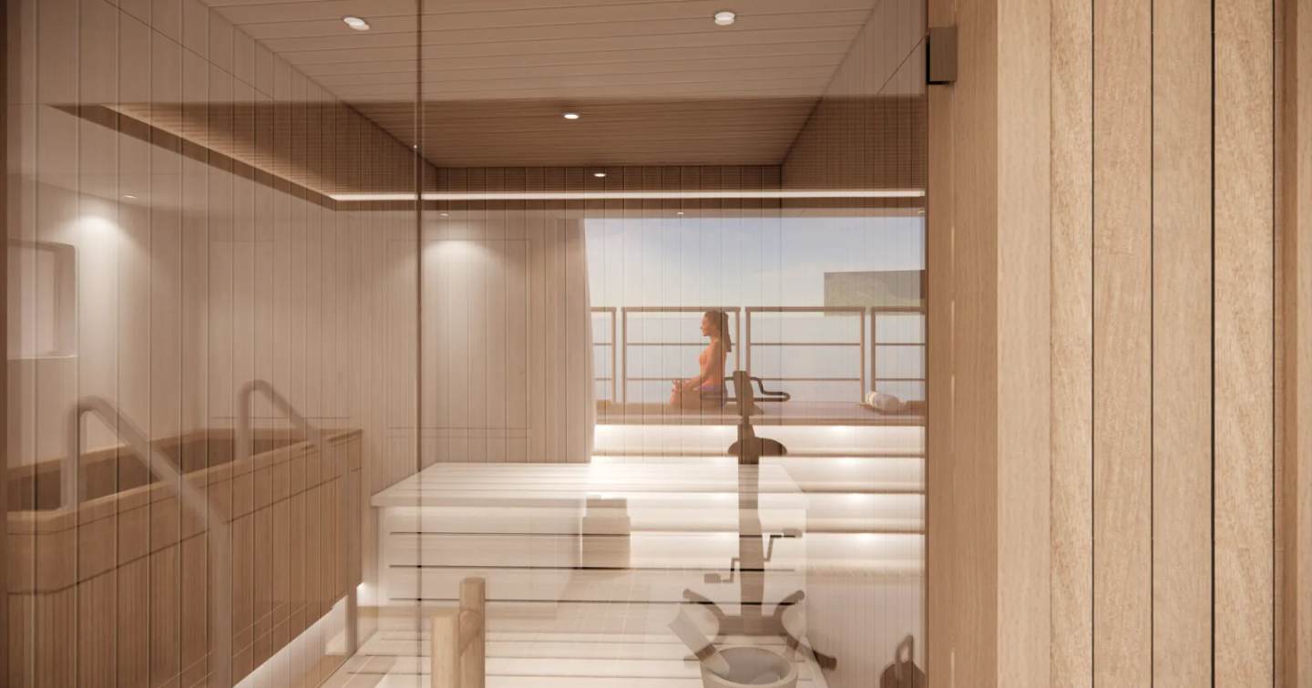 Rendering of superyacht Project Discovery wellness room with woman doing yoga in reflection of window 