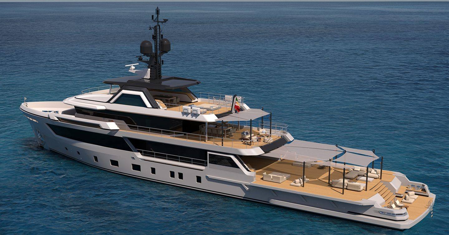 Rendering of Cantiere delle Marche Flexplorer 165 explorer yacht at anchor