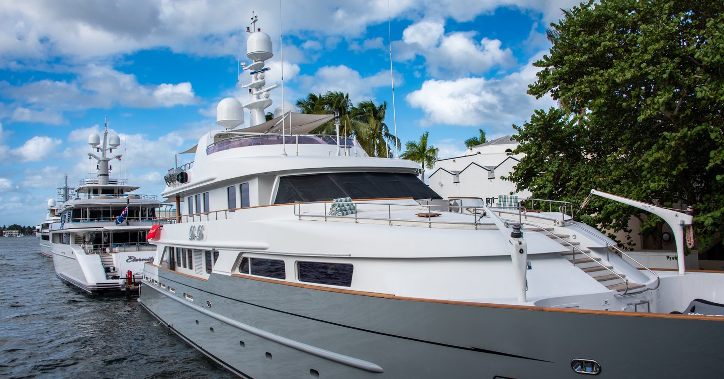 Motor yachts berthed in line at FLIBS