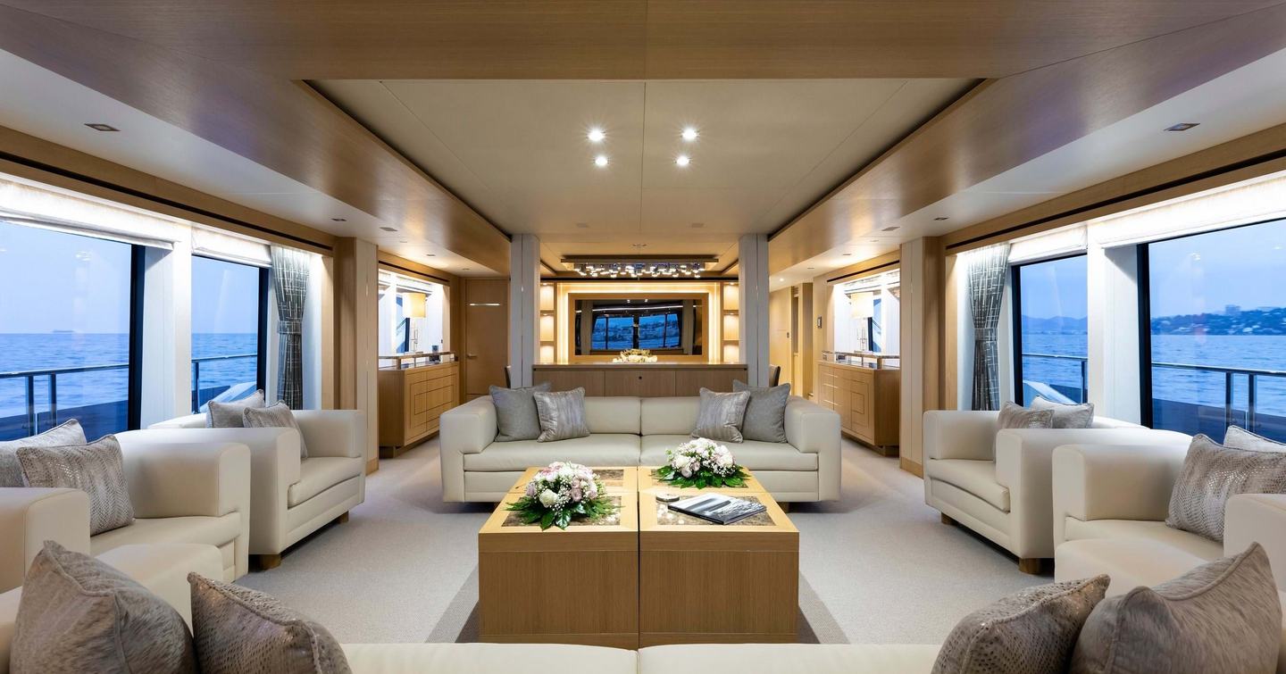  Sunseeker 131 Yacht Elysium's main interior seating area