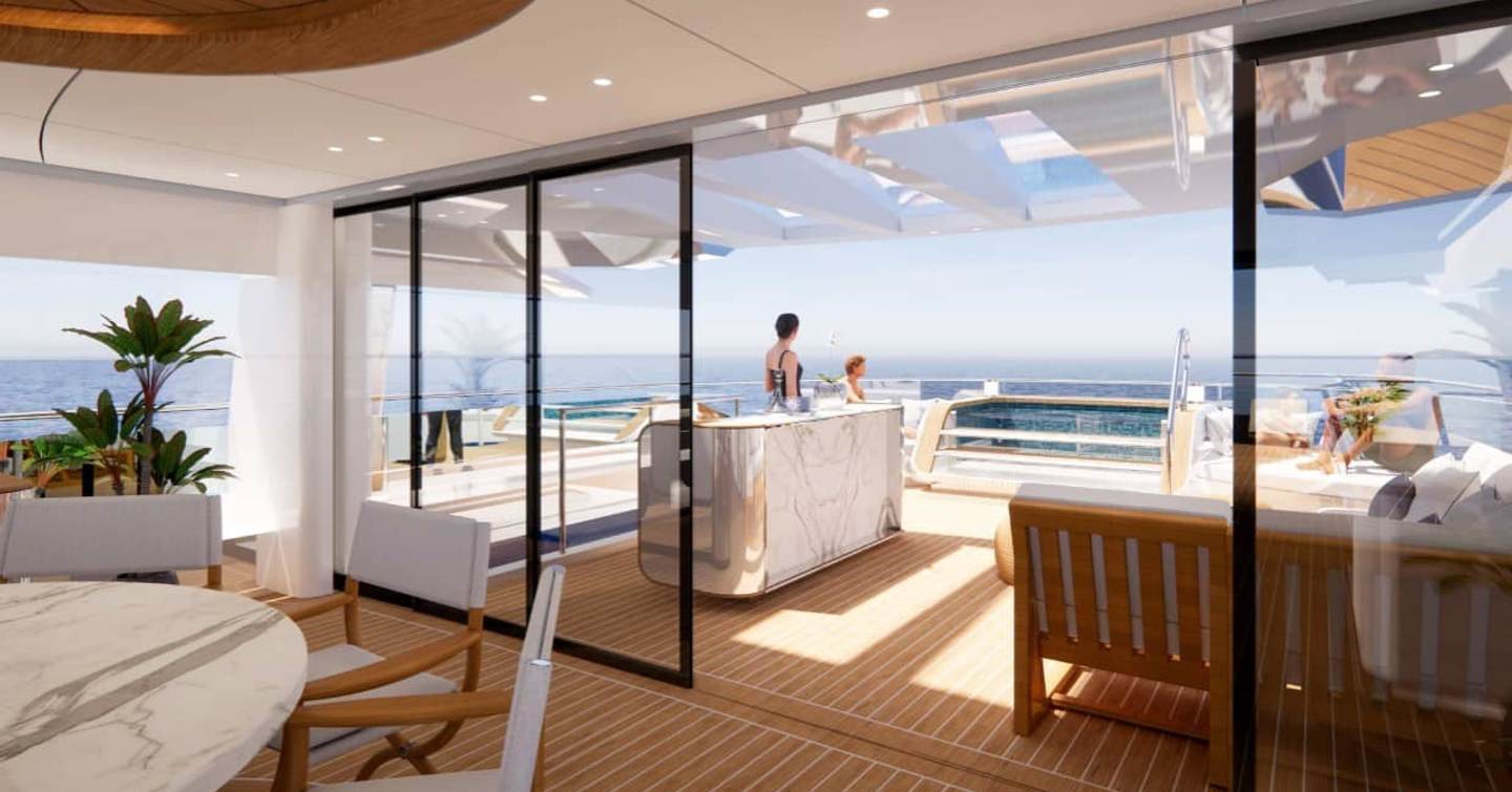 Rendering of NL 50 Plus Superyacht interior saloon with glass sliding doors
