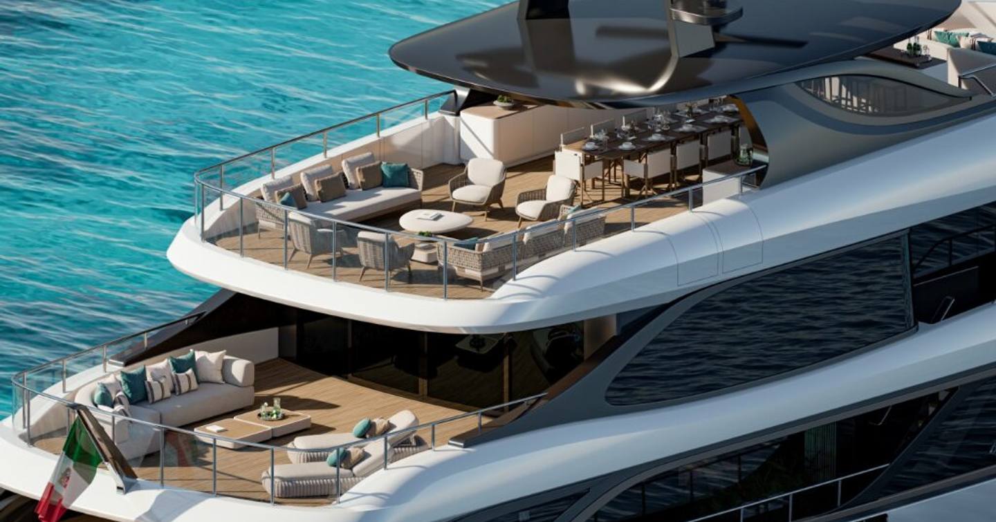 Motor yacht Benetti Oasis 42M sundeck and skylounge with sofas and dining area 
