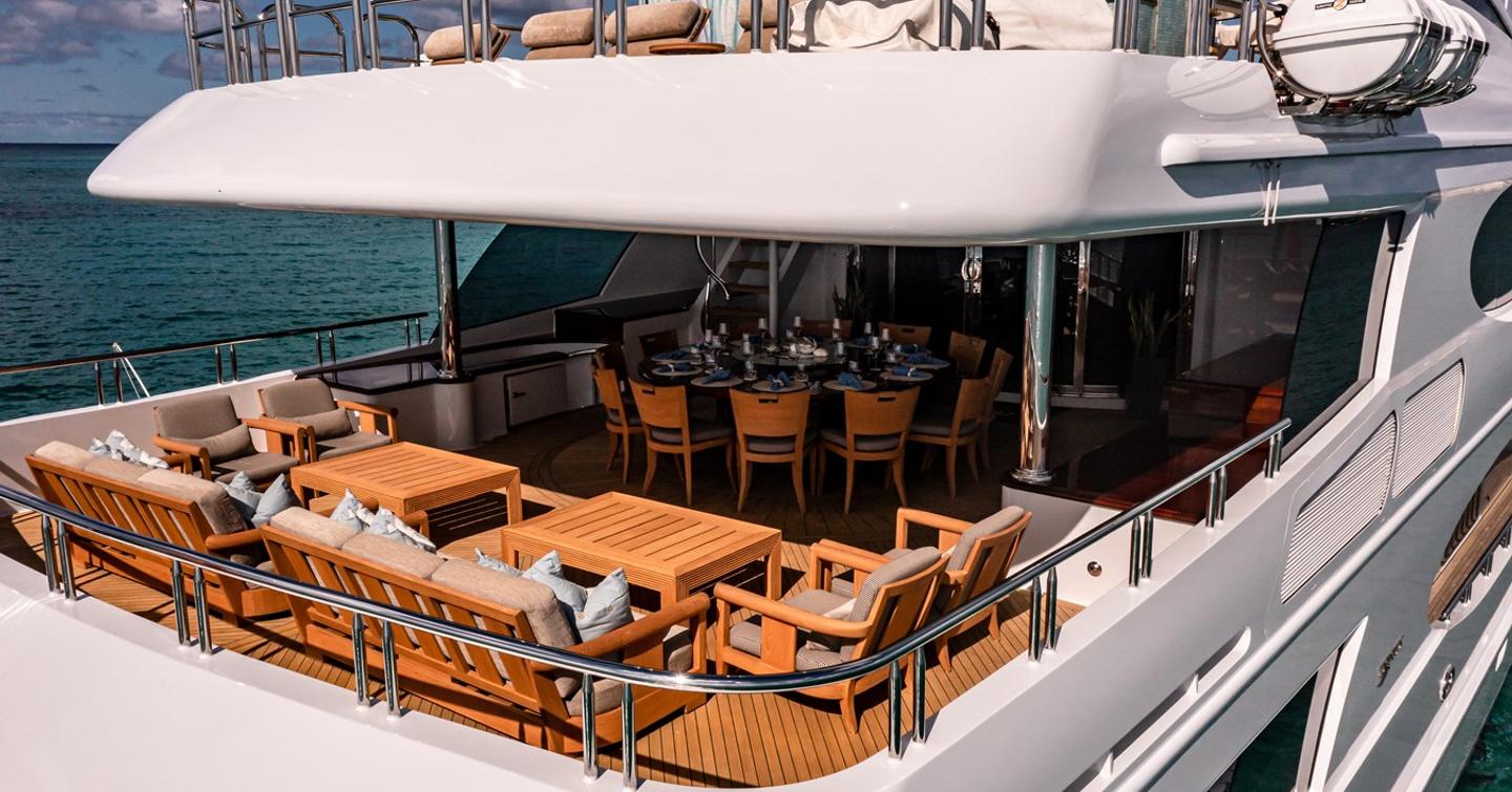Superyacht Impromptu bridge aft deck with shaded alfresco seating 