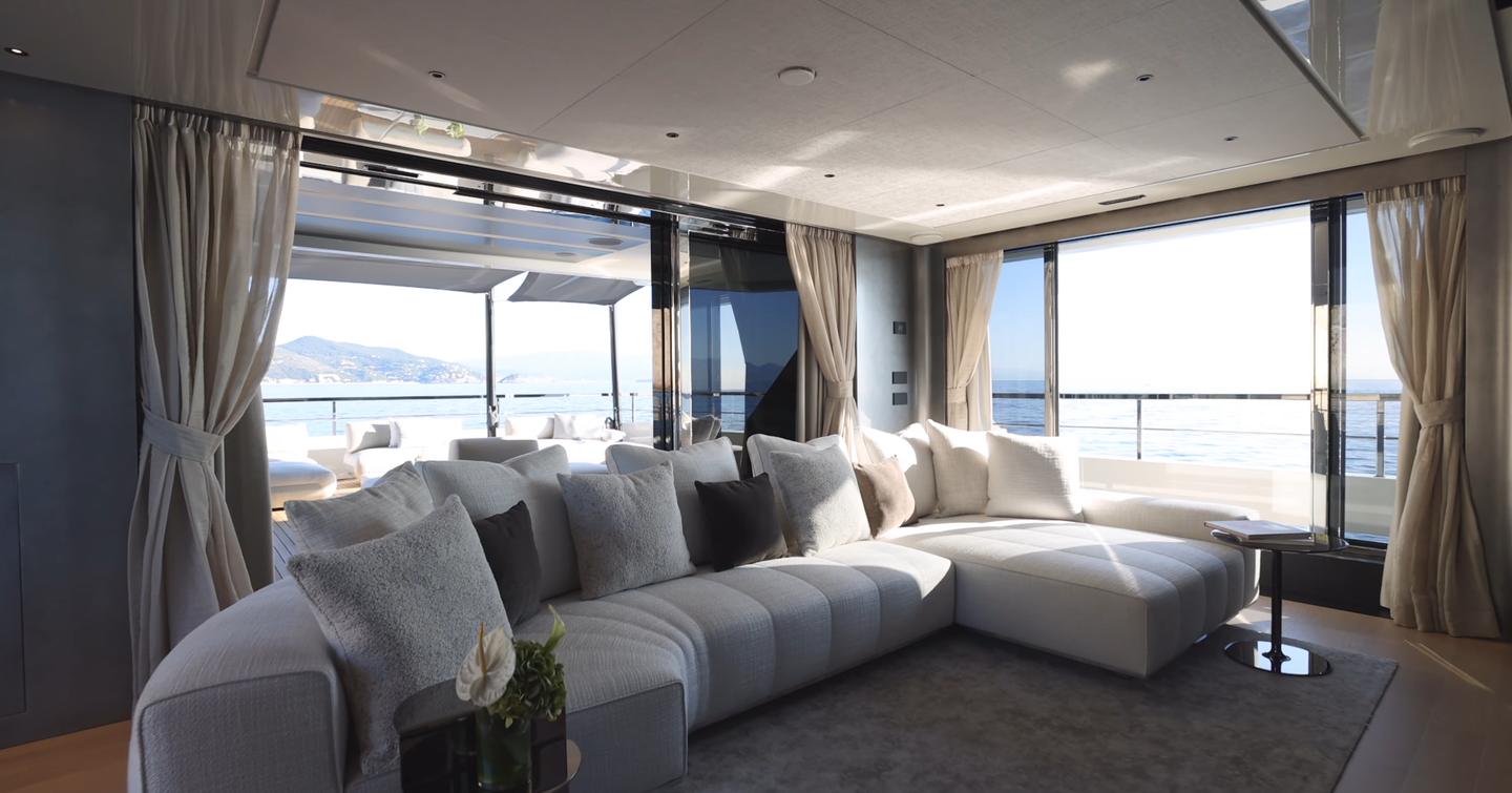 Superyacht Big Naan main saloon with neutral coloured furniture 