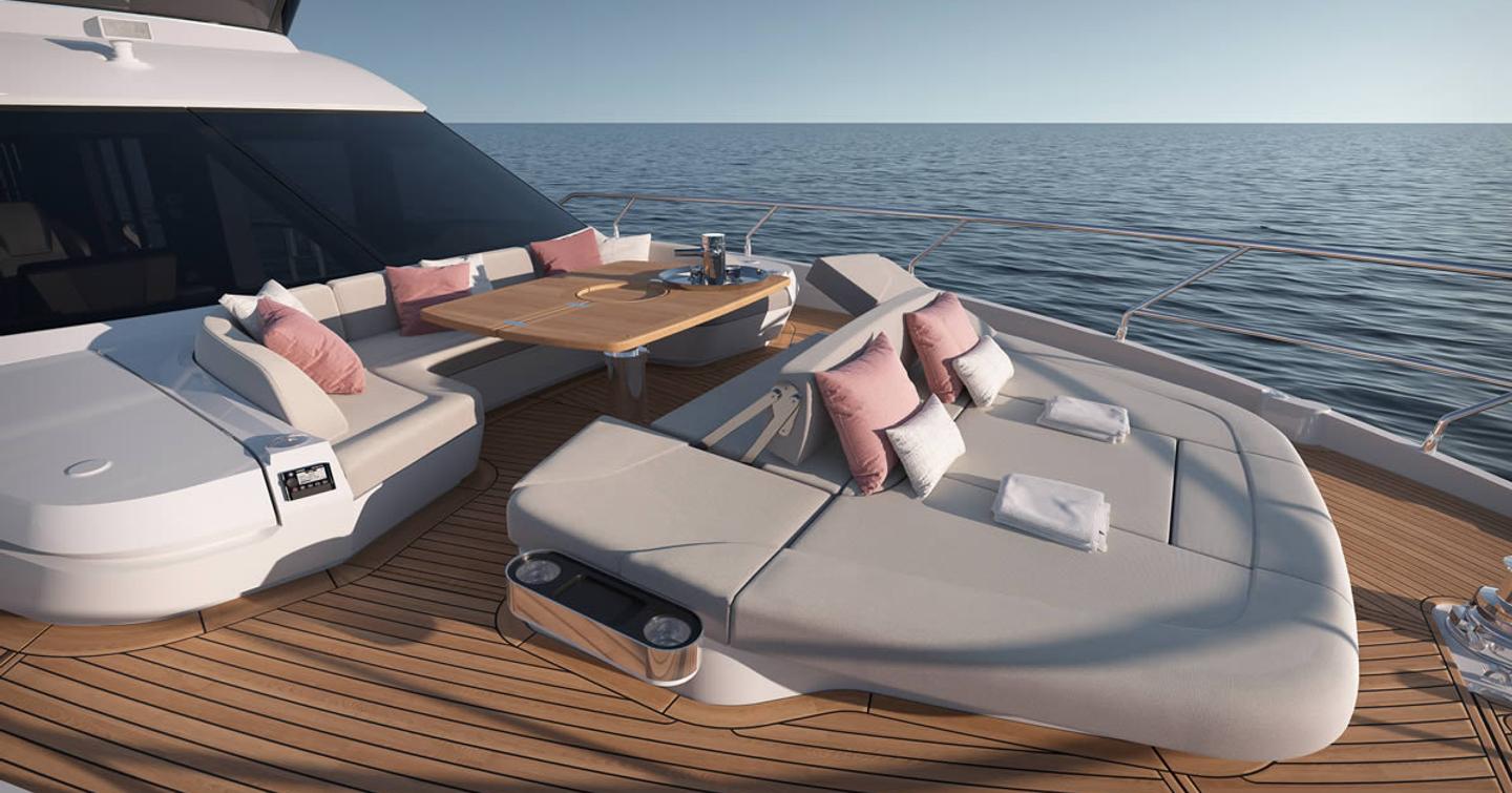 Rendering of Absolute 70 FLY Boat foredeck with sunpads and U-shaped seating