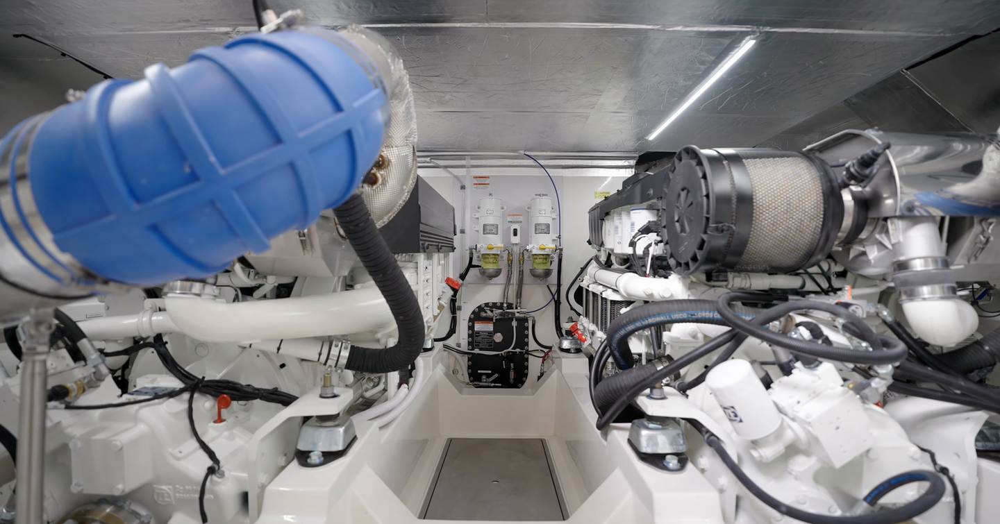 Maritimo M50 engine room with twin Volvo Penta D13 engines and central access walkway