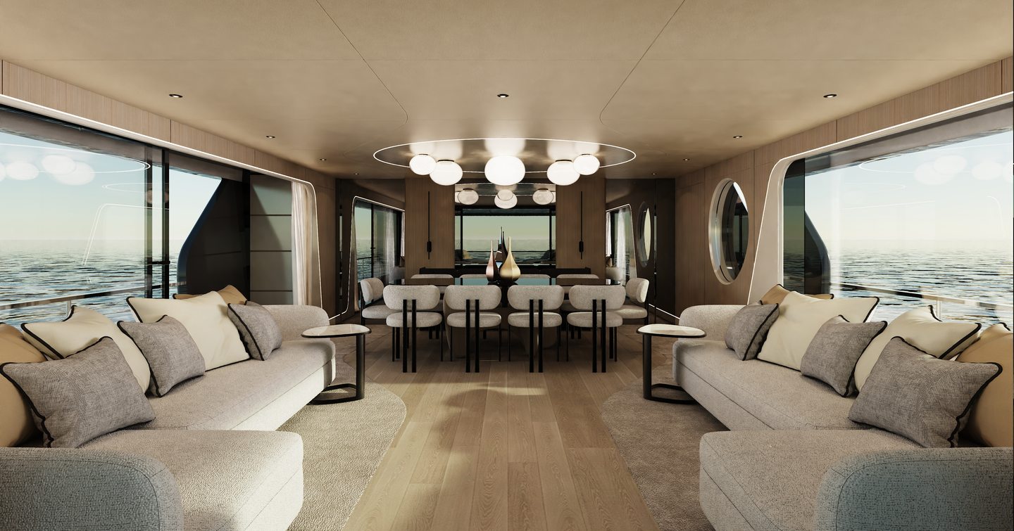 Rendering of Arcadia A80 superyacht main saloon with L-shaped sofa and dining area