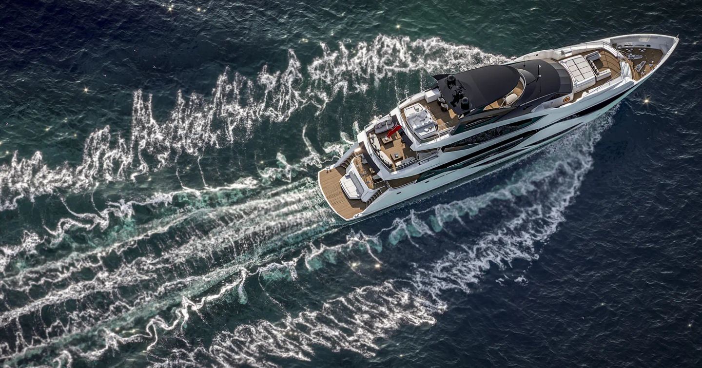 Aerial Rendering of Sunseeker 134 Superyacht under way 