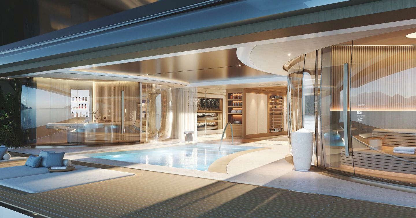 Rendering of Feadship Superyacht Hive wellness beach area with integrated floor swimming pool