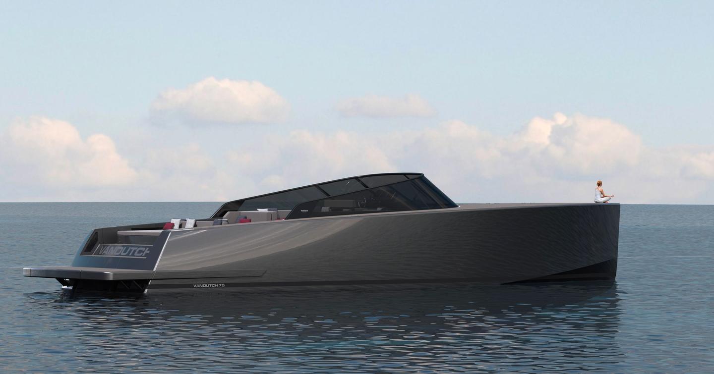 Rendering of VanDutch 75 motor yacht at anchor